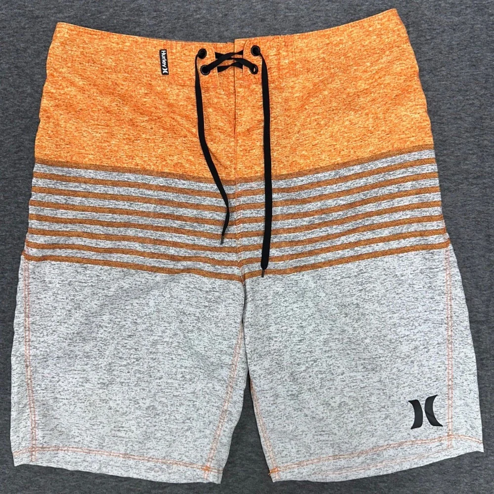 Hurley Board Shorts Swim Trunks Orange Black Striped Beach Surf‎ Casual Size 30